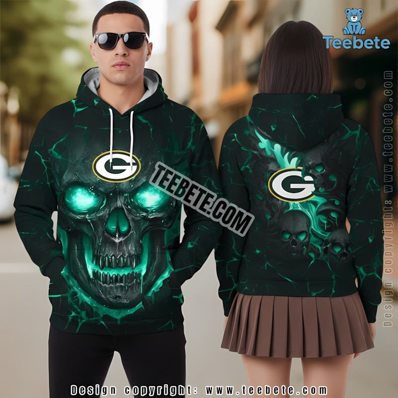 Green Bay Packers Skull 3D Hoodie Puff Print Green Black