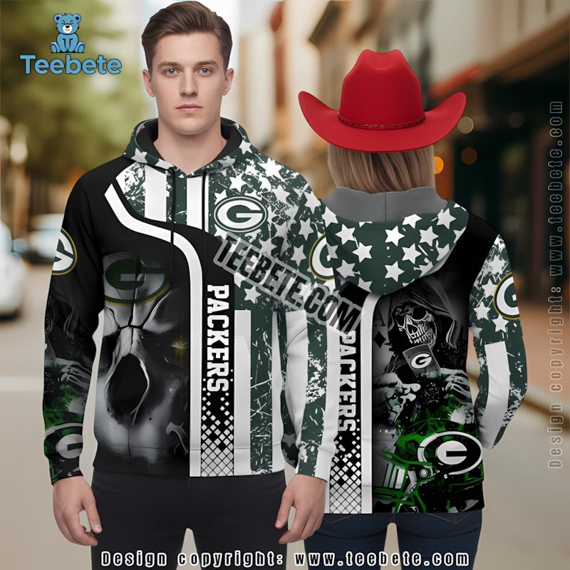 Green Bay Packers Skull Halloween 3D Hoodie White Green Graphic