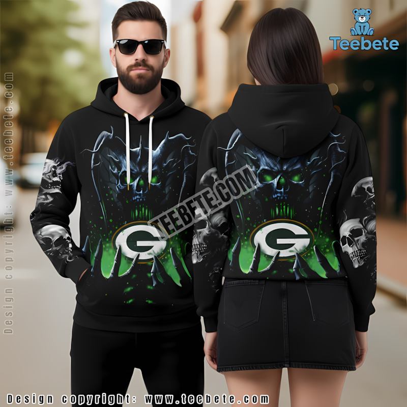 Green Bay Packers Skull Unleash 3D Hoodie Black Mens Graphic