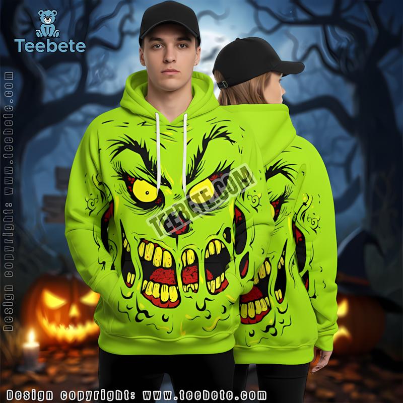 Grinch Halloween Zombie Face 3D Green Hoodie