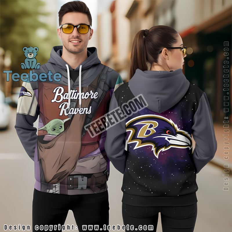 Baltimore Ravens Grogu 3D Zip Up Hoodie Grey