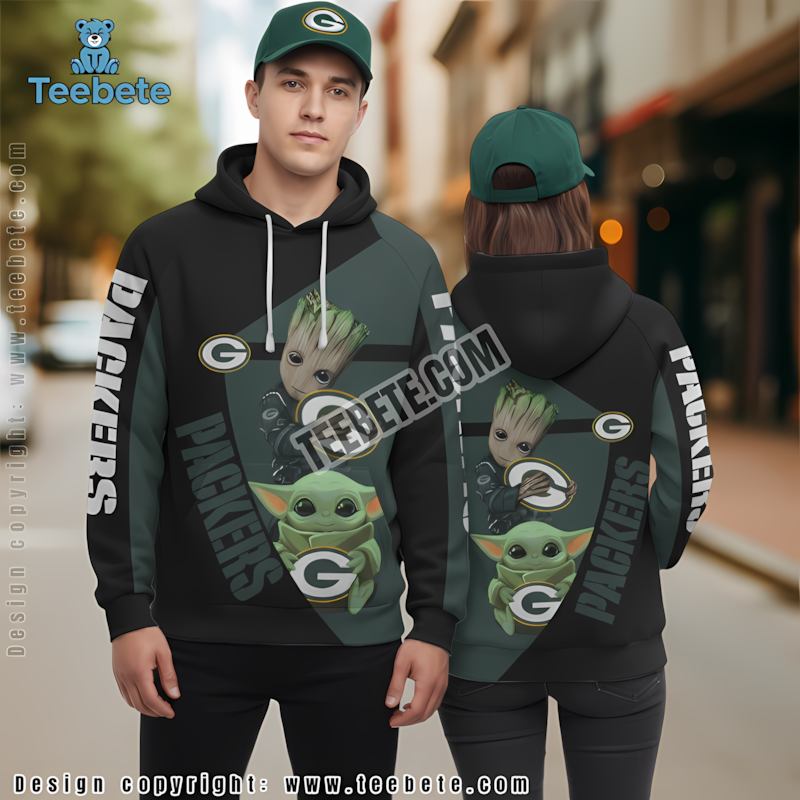 Green Bay Packers Groot Grogu Star Wars 3D Hoodie Zipper Green Black