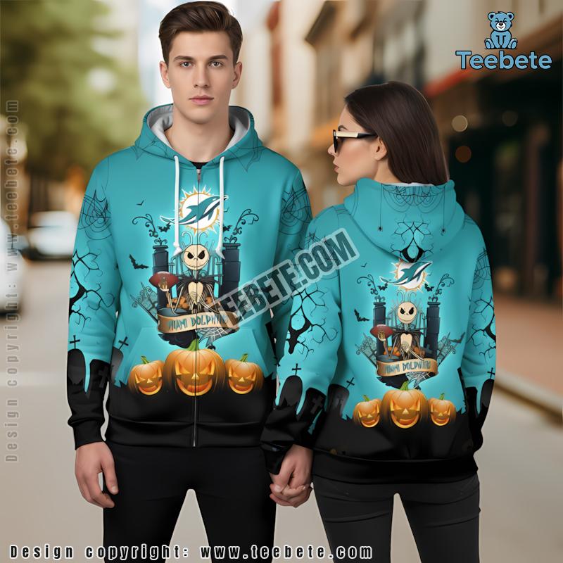 Miami Dolphins Halloween Jack Skellington Pumpkin 3D Hoodie Blue Black Mens
