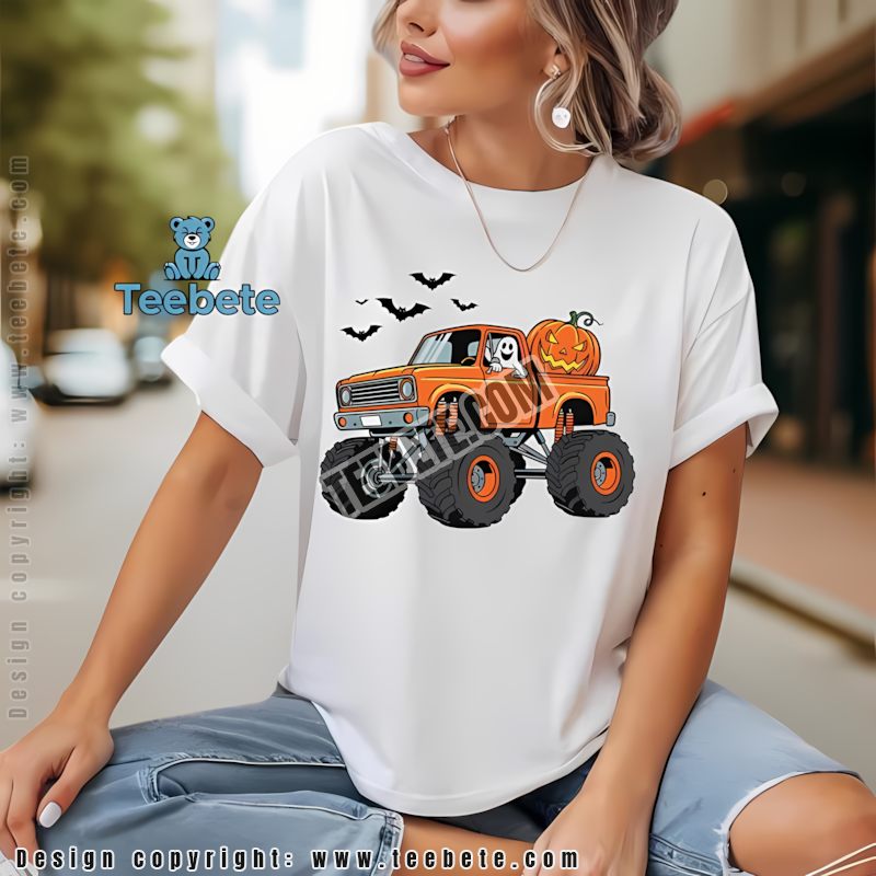 Halloween Monster Truck Ghost Jack O Lantern Bats Spooky Fun Shirt