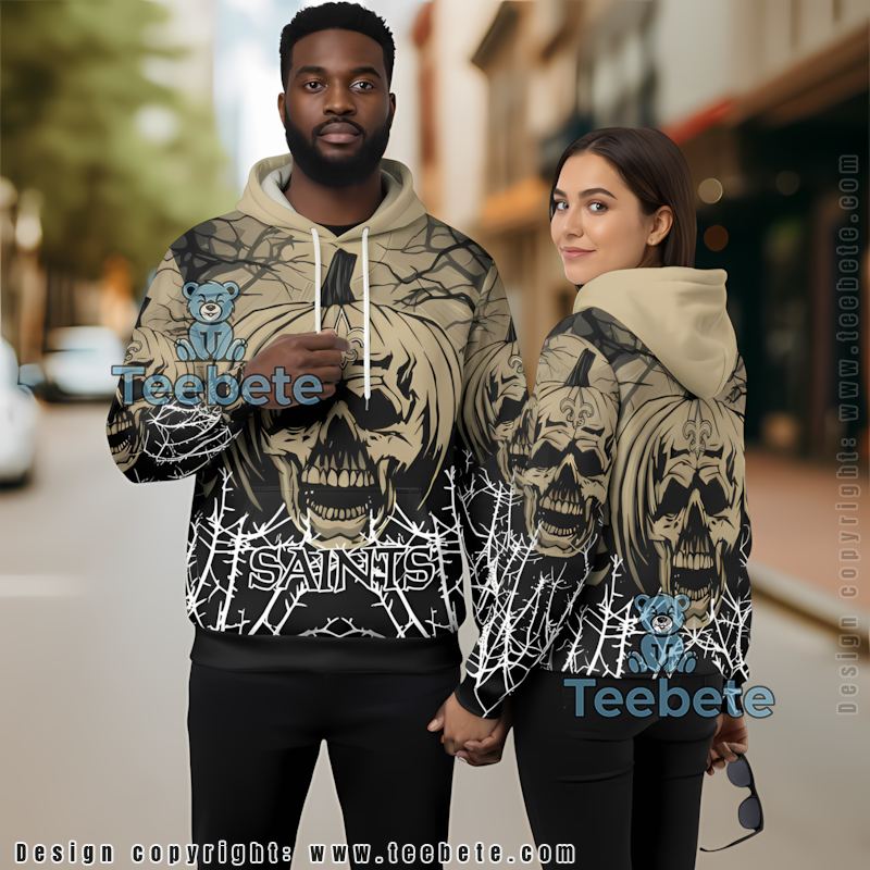 New Orleans Saints Halloween Pumpkin Skull 3D Hoodie Yellow Black Mens