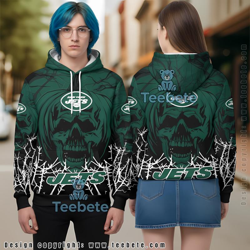 New York Jets Halloween Pumpkin Skull 3D Hoodie Black Green Mens