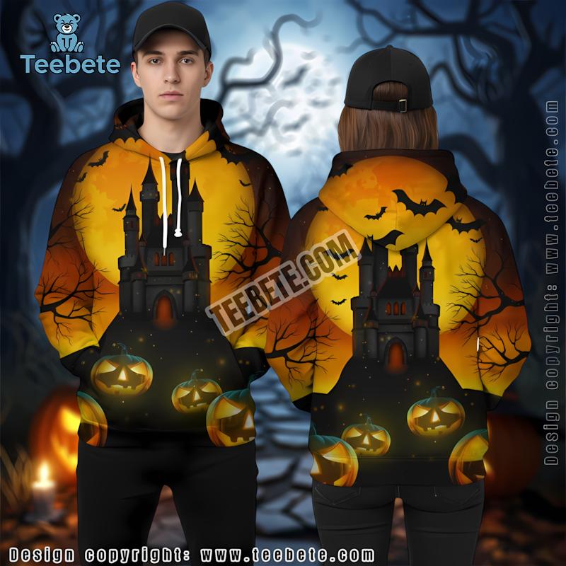 Yellow Haunted Castle Jack O Lanterns Halloween 3D Hoodie