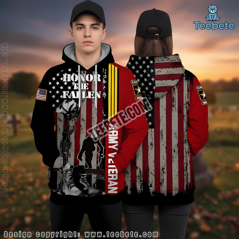 Honor The Fallen Army Veteran 3D Hoodie Black Red Illusion