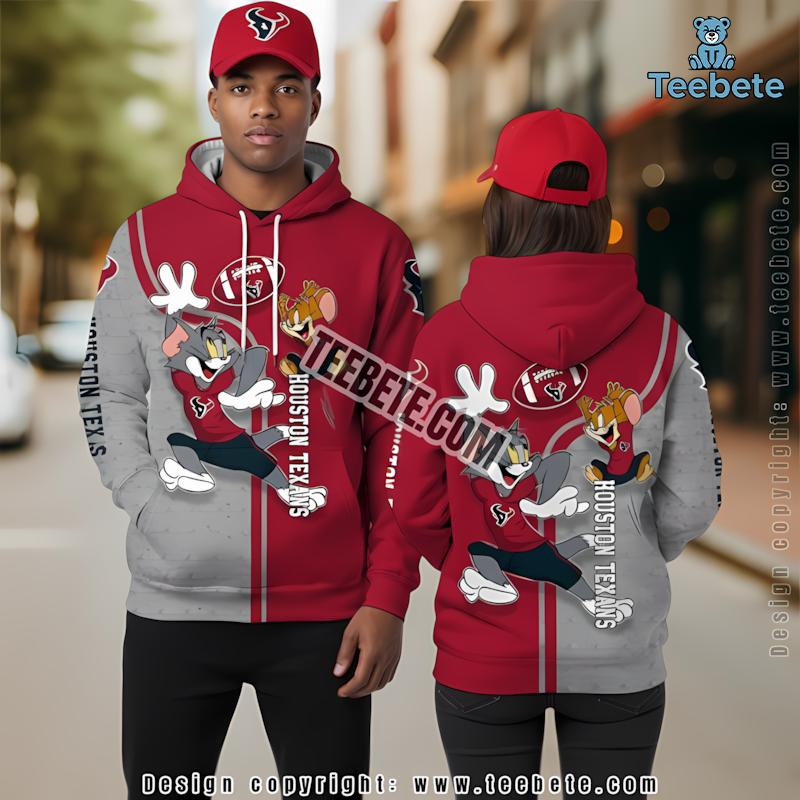 Houston Texans Tom And Jerry 3D Zip Up Hoodie Red Grey