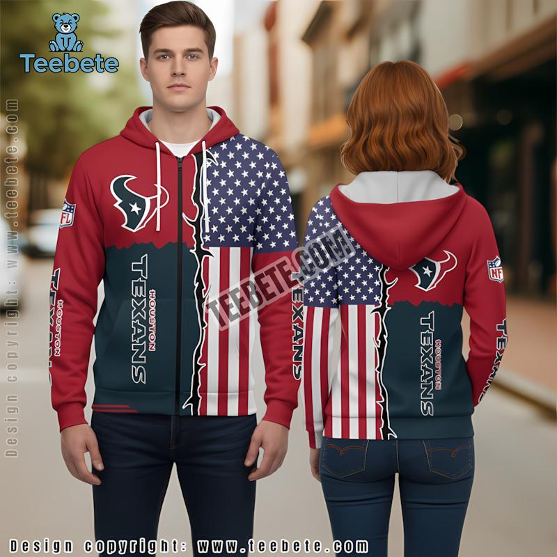Houston Texans Us Flag 3D Hoodie Red Blue Mens