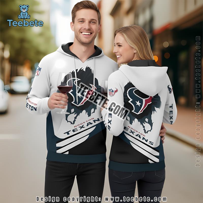 Houston Texans 3D Hoodie White Blue Mens