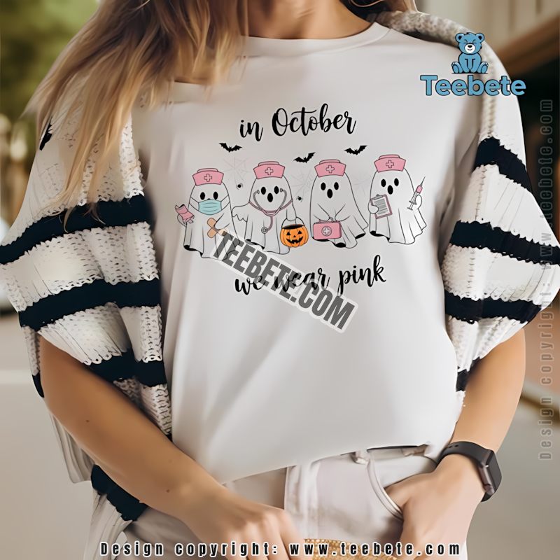 In October We Wear Pink Nurse Ghost Breast Cancer Halloween Shirt