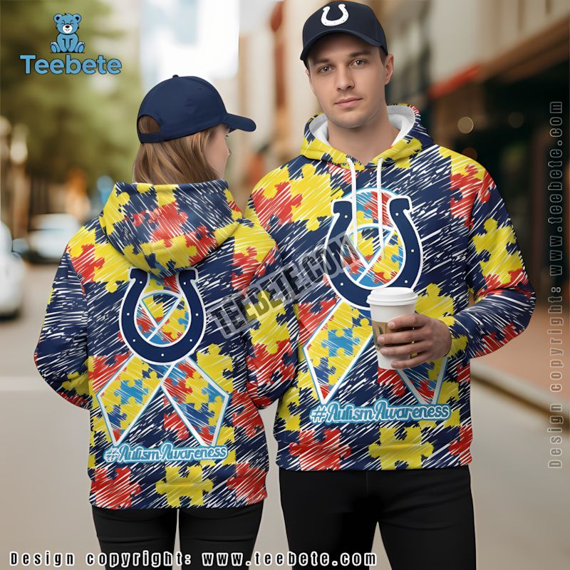 Indianapolis Colts Autism Awareness Puzzle Ribbon 3D Hoodie Blue Womens