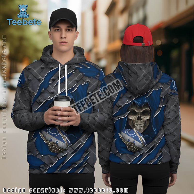 Indianapolis Colts Cracked Skull 3D Hoodie Blue Grey Dad Mom