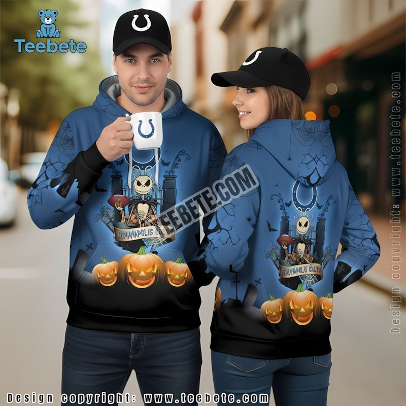 Indianapolis Colts Jack Skellington Pumpkin Halloween Christmas 3D Hoodie Blue