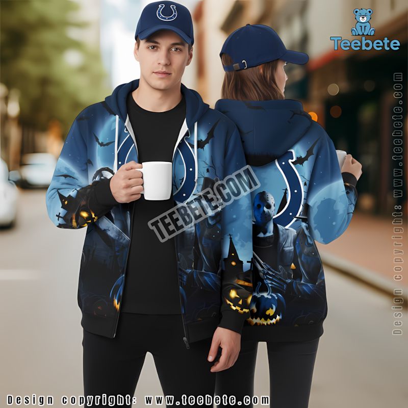 Indianapolis Colts Michael Myers Freddy Krueger Halloween 3D Zip Up Hoodie Blue
