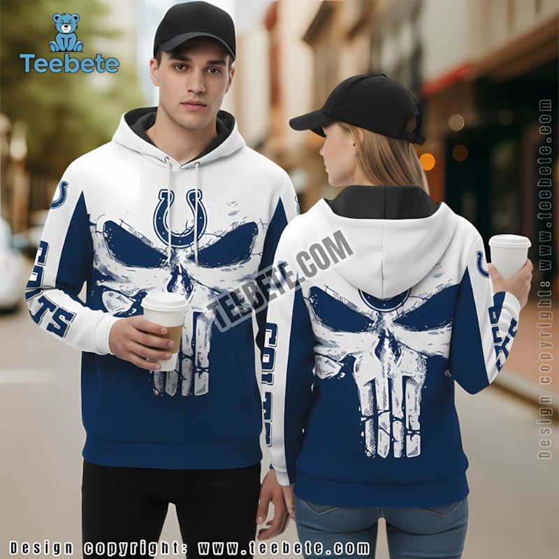 Indianapolis Colts Punisher Skull 3D Hoodie White Blue Graphic