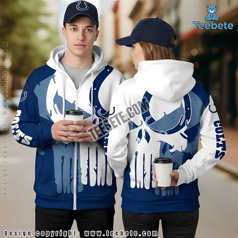 Indianapolis Colts Skull Halloween 3D Hoodie Blue White Pullover