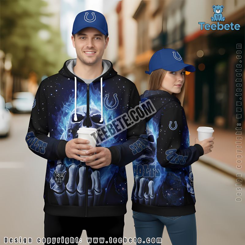 Indianapolis Colts Skull Halloween 3D Hoodie Blue White Pullover Indianapolis Colts Skull Halloween 3D Hoodie Blue White Pullover
