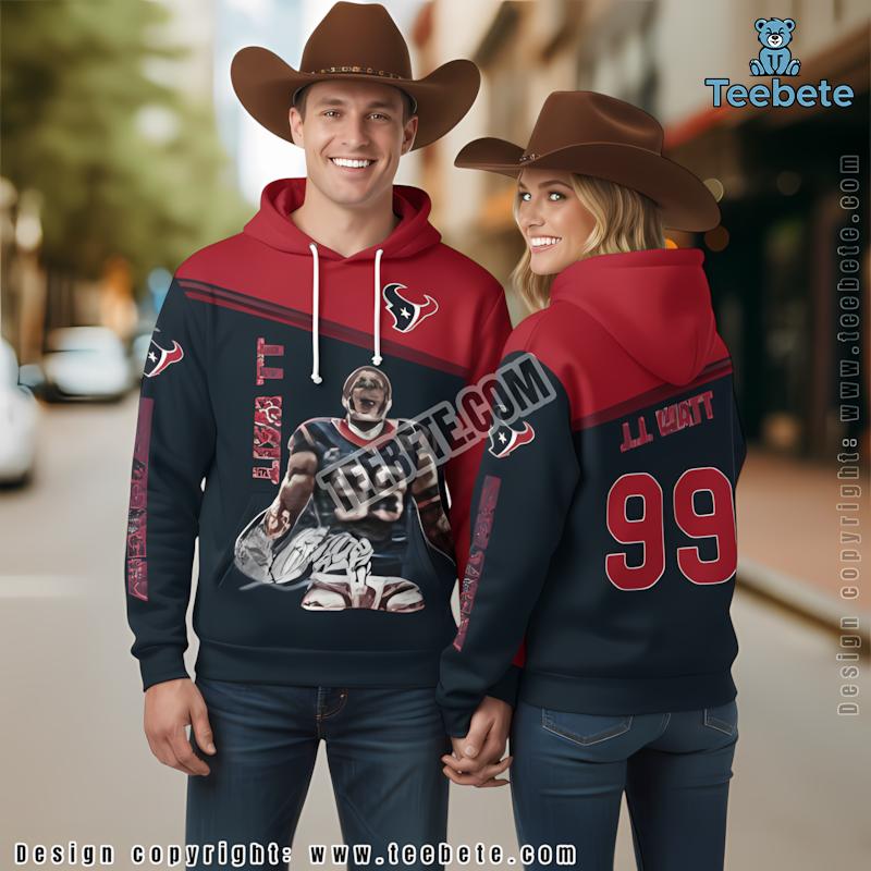 J J Watt Houston Texans 3D Hoodie Puff Print Red Blue