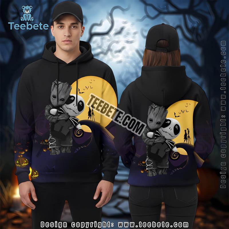 Jack Skellington And Baby Groot Purple 3D Art Hoodie Nightmare Before Christmas