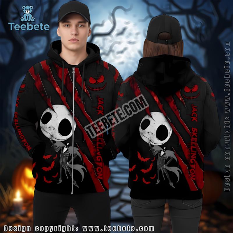 Jack Skellington Black 3D Zip Up Hoodie Halloween Horror