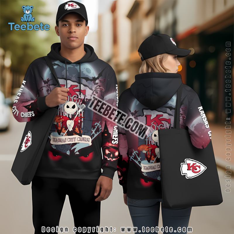 Kansas City Chiefs Jack Skellington Halloween 3D Hoodie Red Black Puff Print
