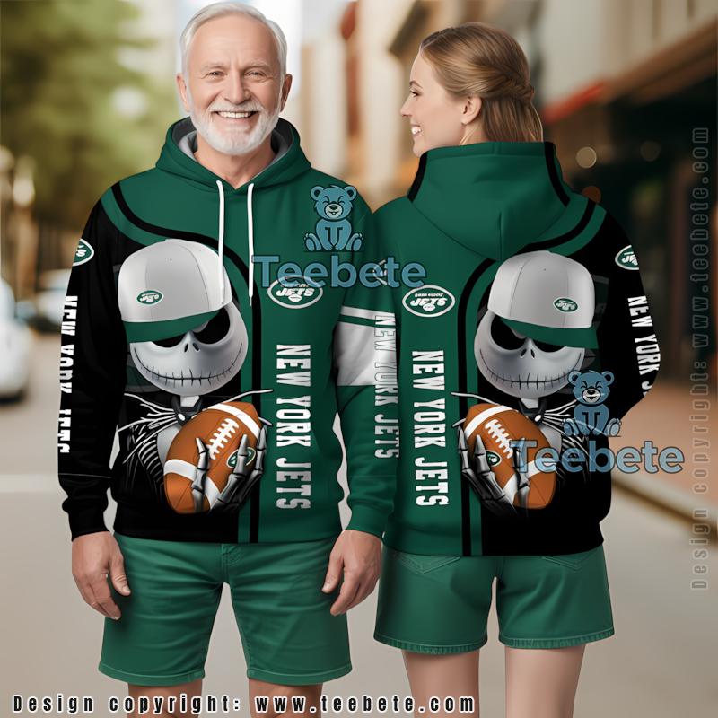 New York Jets Jack Skellington Halloween 3D Hoodie Green Black Womens