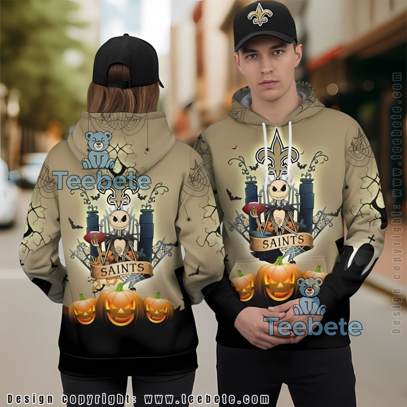 New Orleans Saints Jack Skellington Pumpkin Halloween 3D Hoodie Black Graphic