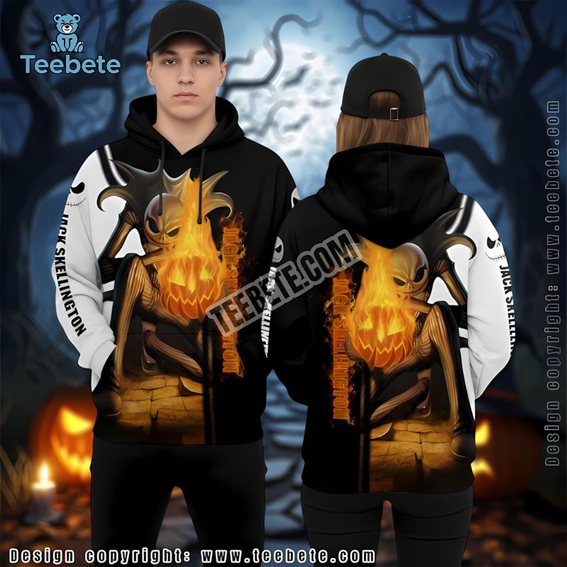 Jack Skellington Black 3D Pumpkin Fire Design Hoodie Halloween