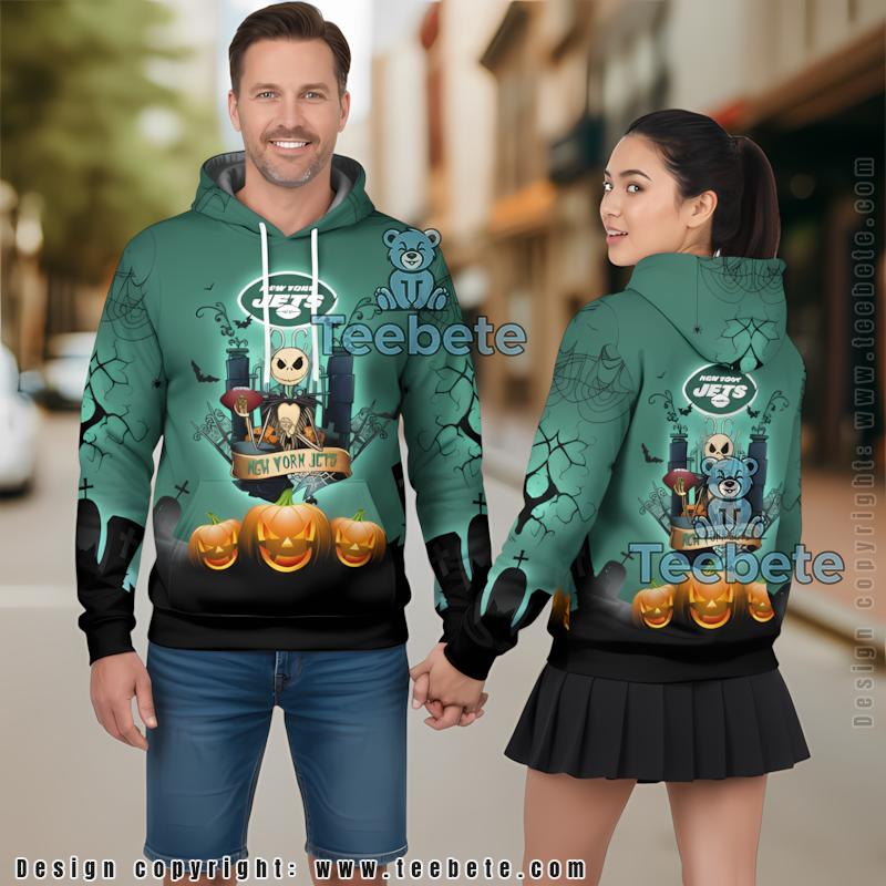 New York Jets Jack Skellington Pumpkin Halloween 3D Hoodie Black Green