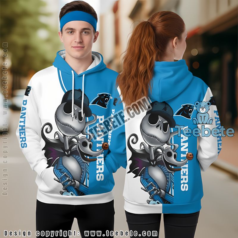 Carolina Panthers Jack Skellington Zero 3D Hoodie Graphic White Blue