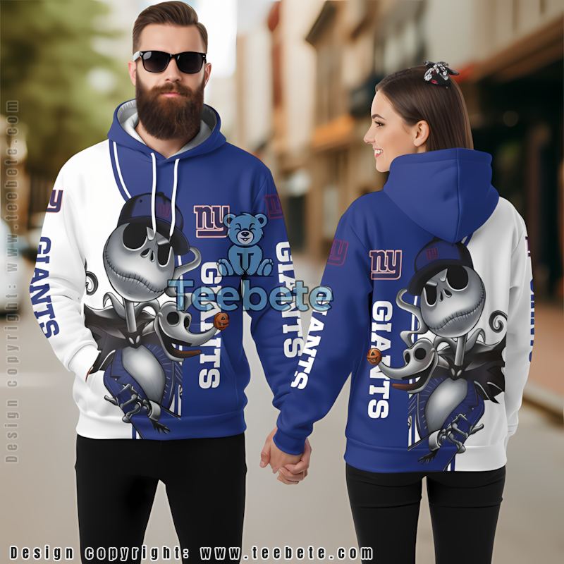 New York Giants Jack Skellington Zero Halloween 3D Hoodie White Blue Mens