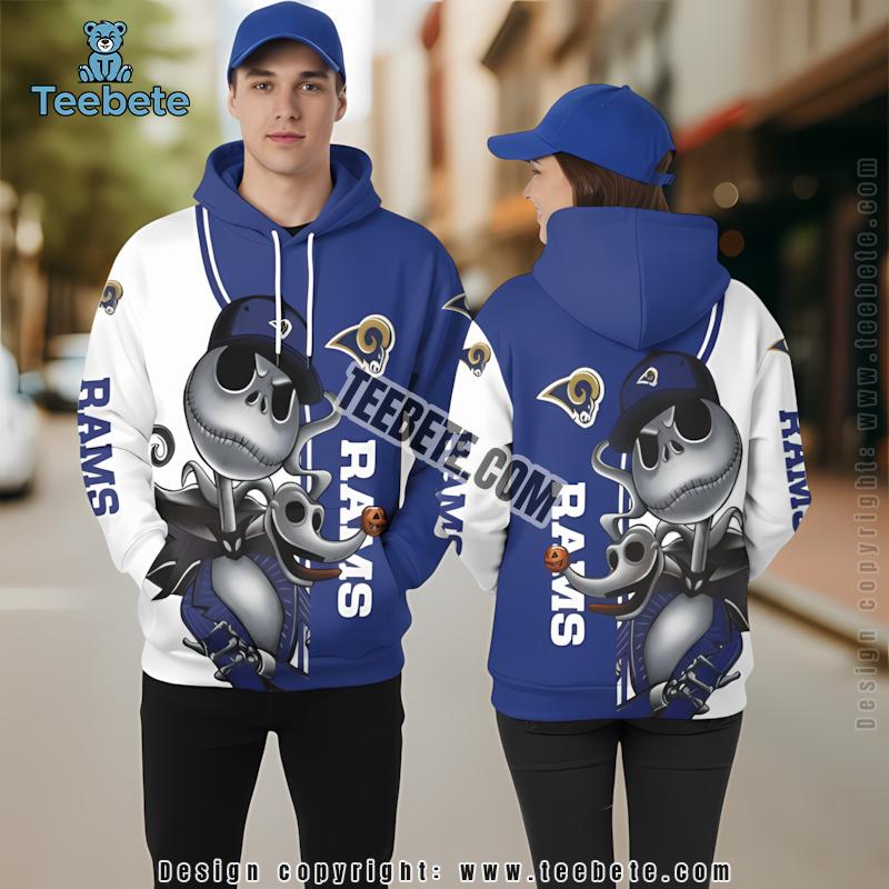 Jack Skellington Zero Los Angeles Rams 3D Hoodie White Blue For Sale