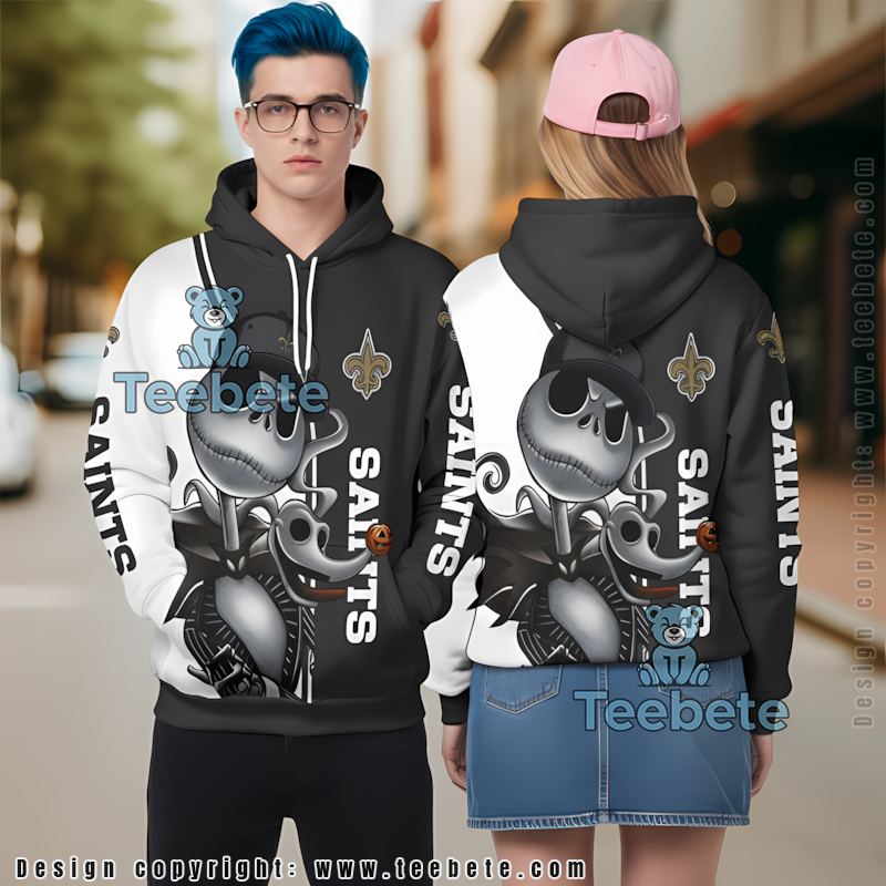 New Orleans Saints Jack Skellington Zero 3D Hoodie Black White Printing