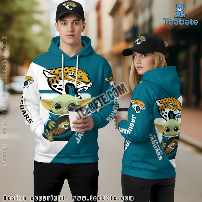 Jacksonville Jaguars Baby Yoda Star Wars 3D Hoodie White Blue Kids