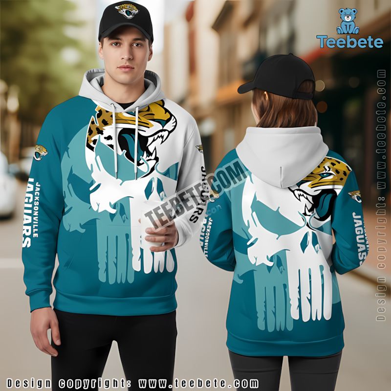 Jacksonville Jaguars Skull Halloween 3D Hoodie White Blue Mens