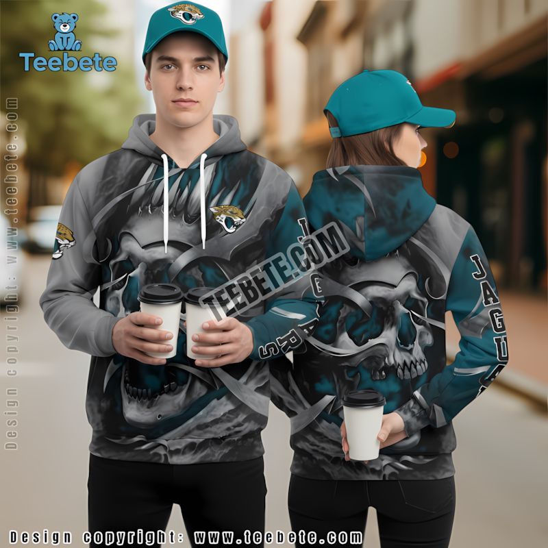 Jacksonville Jaguars Skull Scary 3D Hoodie Blue White Mens