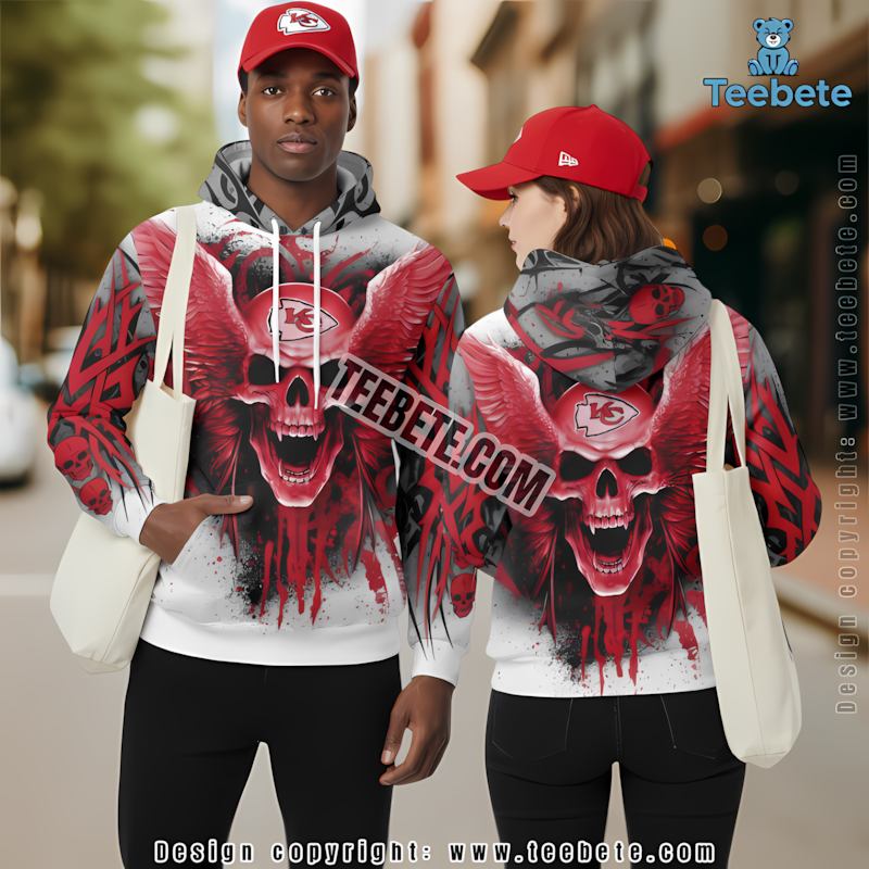 Kansas City Chiefs Bloody Skull 3D Hoodie Grey Red Graphic