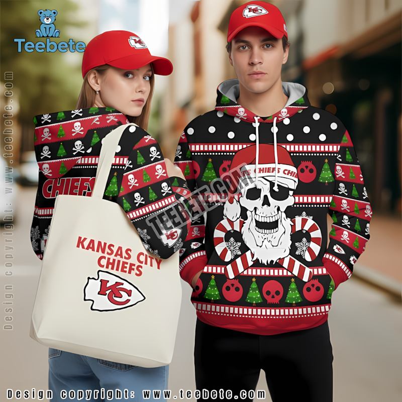 Kansas City Chiefs Christmas Santa Skull Candy 3D Hoodie Black Red Unisex