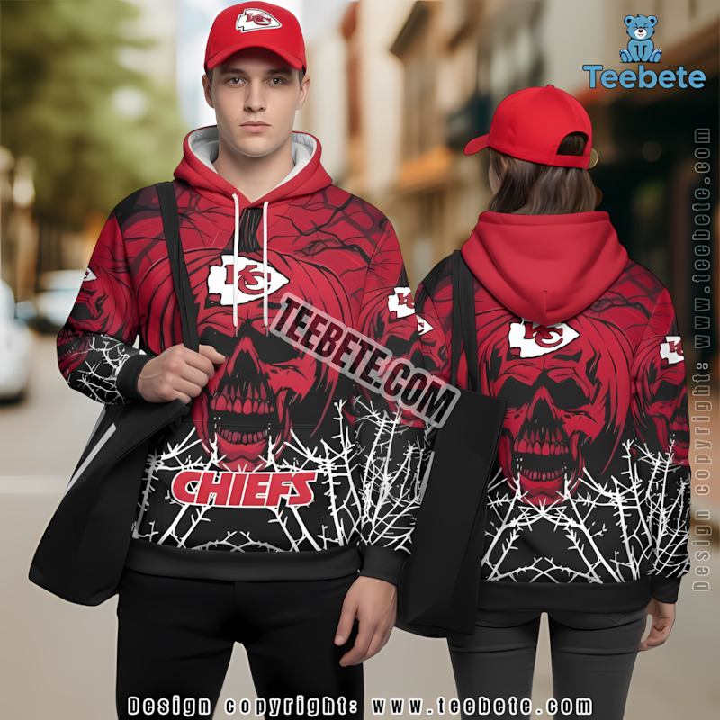 Kansas City Chiefs Pumpkin Skull Halloween 3D Hoodie Black Red Youth