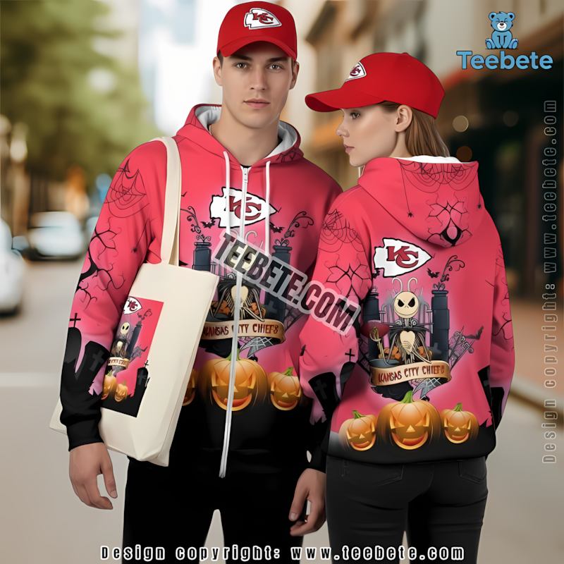 Kansas City Chiefs Jack Skellington Pumpkin Halloween 3D Hoodie Red Black Mens