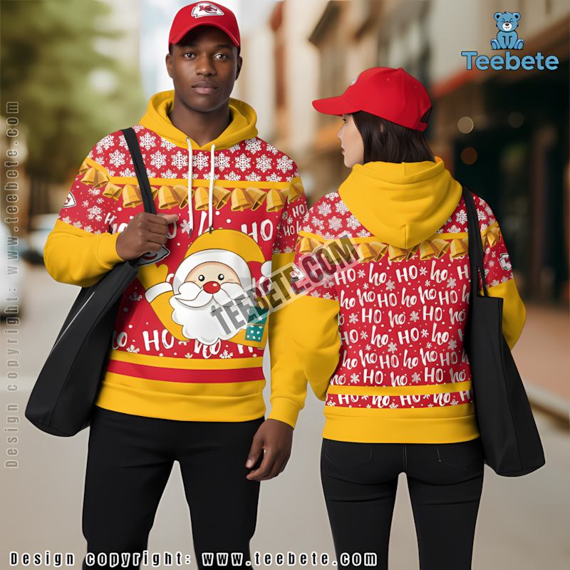 Kansas City Chiefs Santa Claus Hohoho 3D Hoodie Yellow Red Mens Graphic