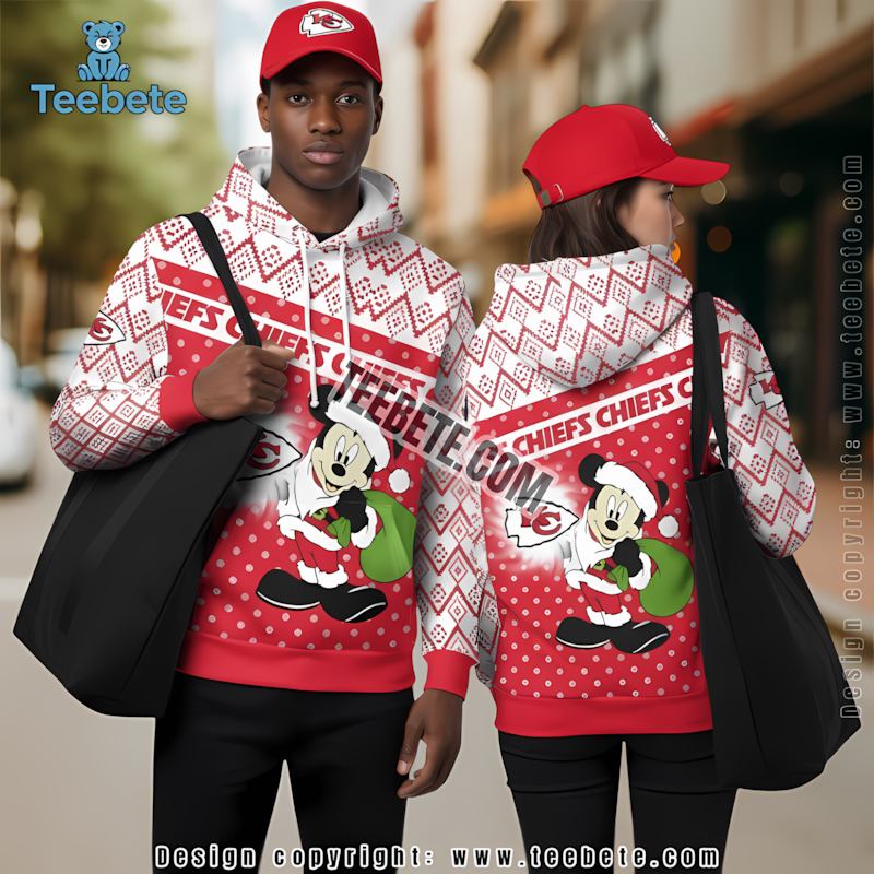 Kansas City Chiefs Santa Mickey Mouse 3D Hoodie White Red Graphic