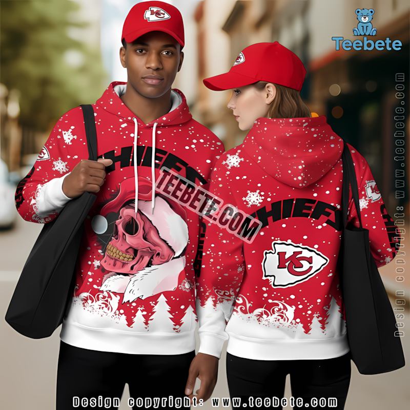 Kansas City Chiefs Santa Skull Christmas 3D Hoodie White Red Mens Graphic