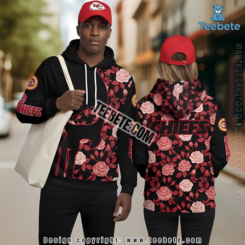 Kansas City Chiefs Skull Among Flowers 3D Hoodie Black Red Puff Print