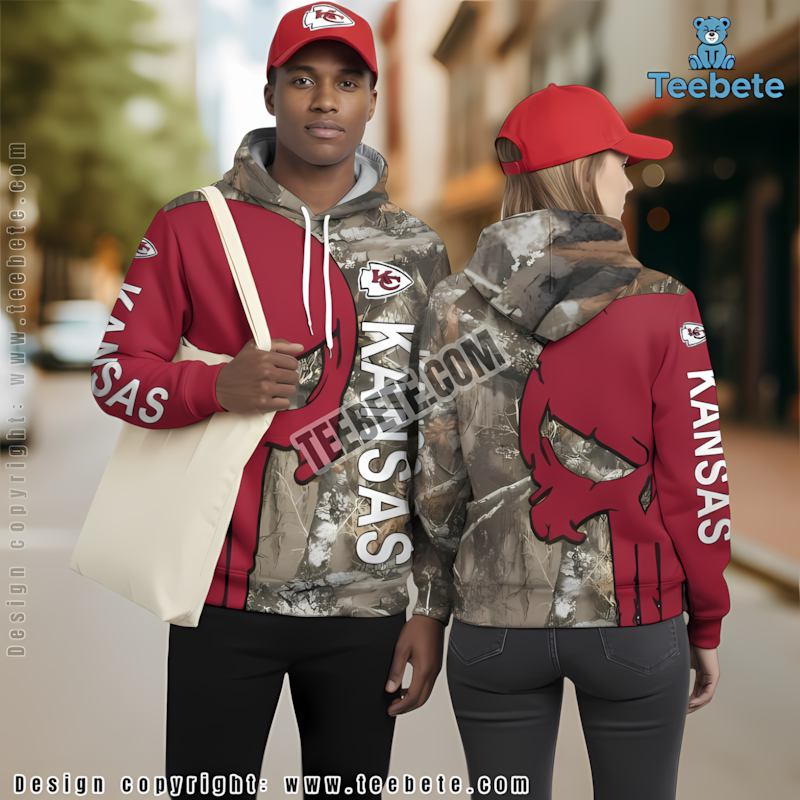 Kansas City Chiefs Skull Camo 3D Zip Up Hoodie Grey Red