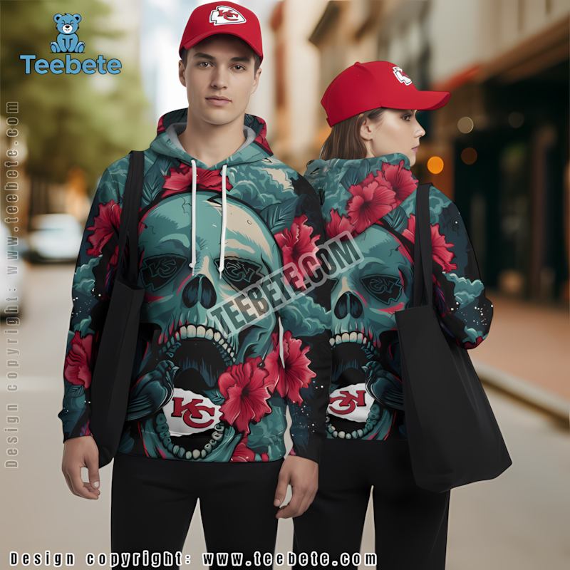 Kansas City Chiefs Skull Flower 3D Hoodie Red Black Pullover