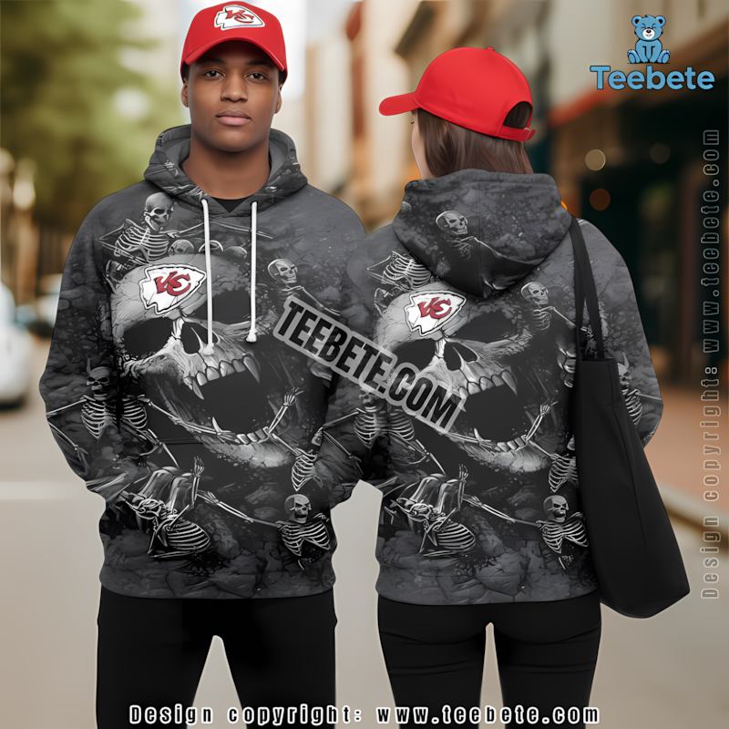 Kansas City Chiefs Skull 3D Hoodie Grey Black Pullover