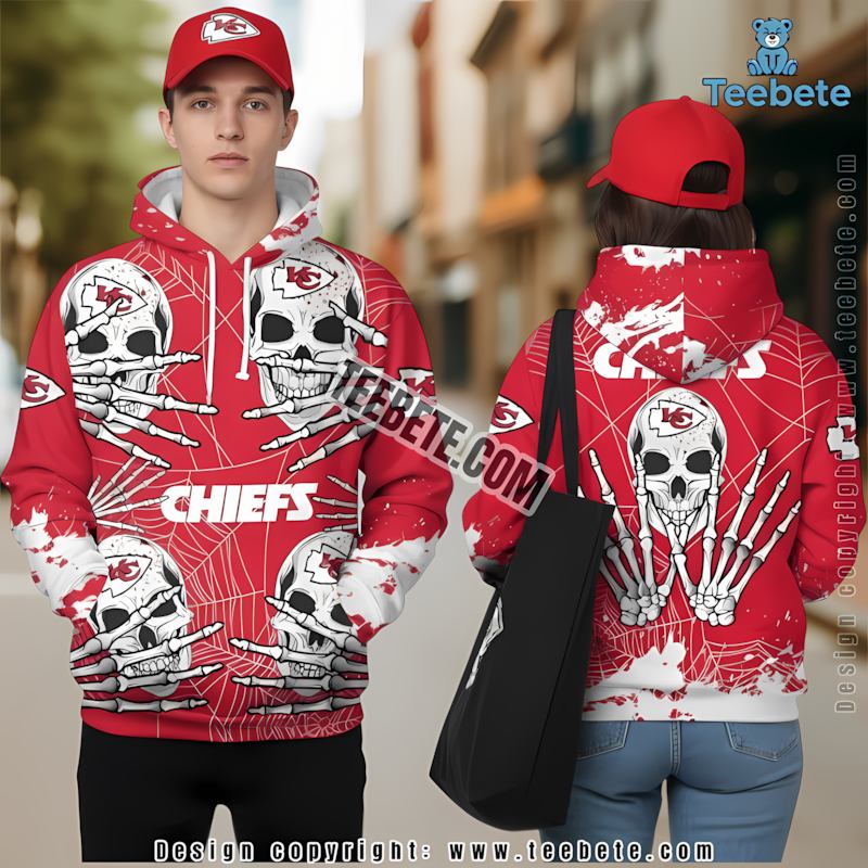 Kansas City Chiefs Skull Halloween 3D Hoodie White Red Mens Graphic